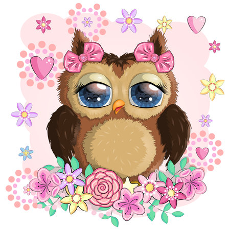 Cute Cartoon Owl with flowers and butterflies.のイラスト素材