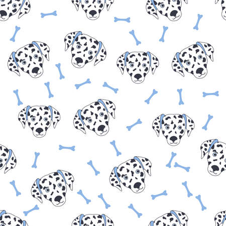 Black-white dog muzzle Dalmatian. Seamless pattern with cute cartoon dogs muzzle dalmatians.のイラスト素材