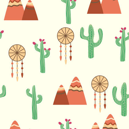Vintage beautiful seamless desert pattern illustration. Landscape with a cactus, mountains, clouds, dreamcatcherのイラスト素材