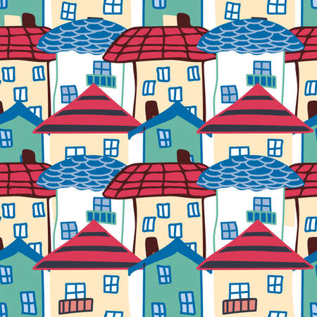 House seamless pattern, standing tight. Naive childish style. City roofsのイラスト素材