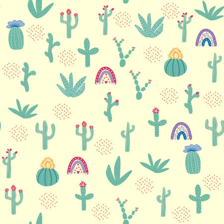 seamless pattern with different cactus. Bright repeated texture with green cacti. Natural hand drawing background with desert plants.のイラスト素材