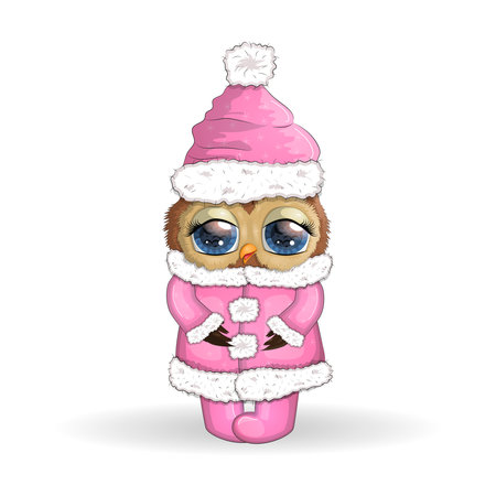Cute Cartoon Owl in Santa hat with Christmas ball, gift on a white backgroundのイラスト素材