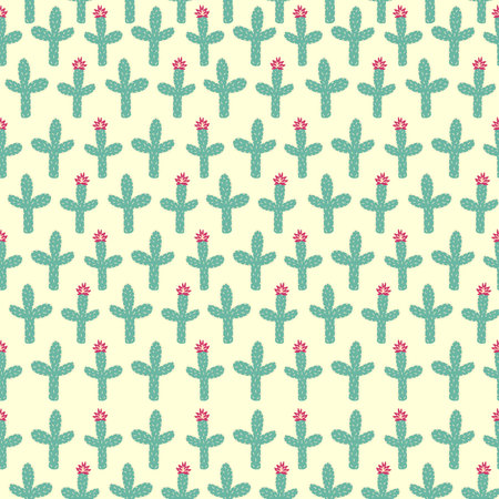 seamless pattern with different cactus. Bright repeated texture with green cacti. Natural hand...