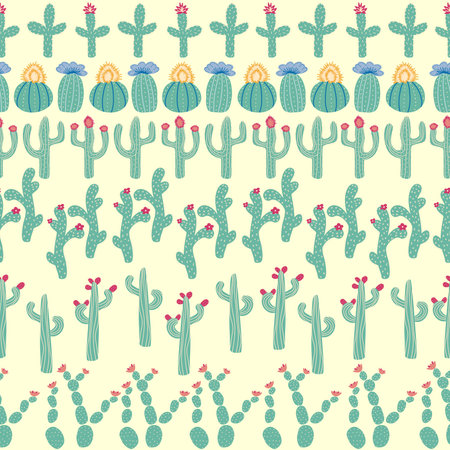 seamless pattern with different cactus. Bright repeated texture with green cacti. Natural hand drawing background with desert plants.のイラスト素材
