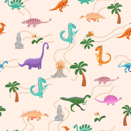 Cute dinosaurs and tropic plants. Funny cartoon dino seamless pattern. Handdrawn cute dinosaurs seamless pattern. Children pattern with dinos, rainbowsのイラスト素材