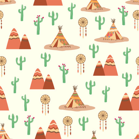 Teepee pattern. Wigwam native american summer tent illustration. Indian background patternのイラスト素材