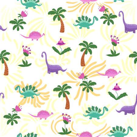 Cute dinosaurs and tropic plants. Funny cartoon dino seamless pattern. Handdrawn cute dinosaurs seamless pattern. Children pattern with dinos, rainbowsのイラスト素材