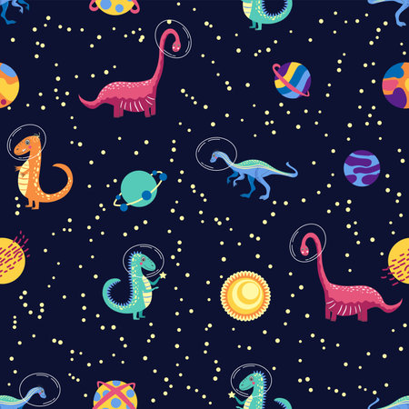 Dino in space seamless pattern. Cute dragon characters, dinosaur traveling galaxy with stars, planets. Kids cartoon background.のイラスト素材