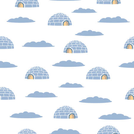 Seamless pattern of blue igloo. White winter background. Hand drawing icehouse. illustration Eskimo house. Winter card.のイラスト素材