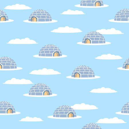 Seamless pattern of blue igloo. White winter background. Hand drawing icehouse. illustration Eskimo house. Winter card.のイラスト素材