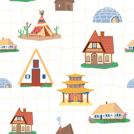 Seamless pattern with Traditional buildings of different countries set, houses from around the world. Background with residential houses or rustic cottages in the Scandinavian style. Flatのイラスト素材