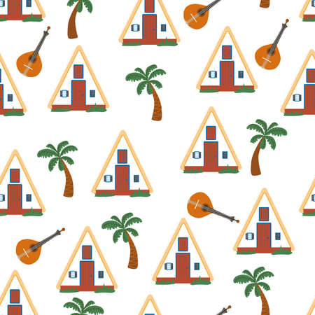 Palheiro seamless pattern. Portuguese traditional house. Triangular white house in Santana village in the east of Madeira islandのイラスト素材