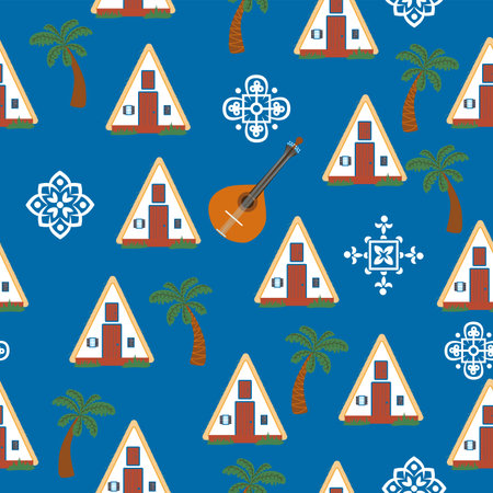 Palheiro seamless pattern. Portuguese traditional house. Triangular white house in Santana village in the east of Madeira islandのイラスト素材