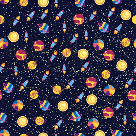 Seamless space pattern. Planets, rockets and stars. Cartoon spaceship. Childish background. Hand drawn illustration.のイラスト素材