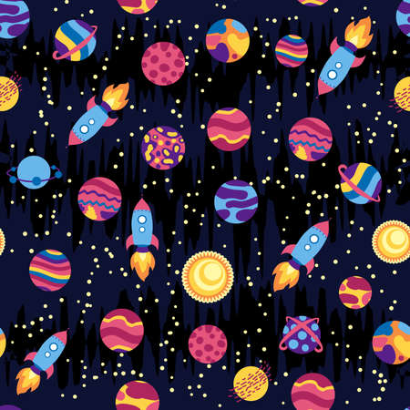 Seamless space pattern. Planets, rockets and stars. Cartoon spaceship. Childish background. Hand drawn illustration.のイラスト素材