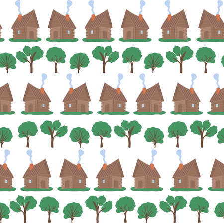 Wooden house in the forest seamless pattern. Scene with deciduous trees, fir trees and a Russian hut.のイラスト素材