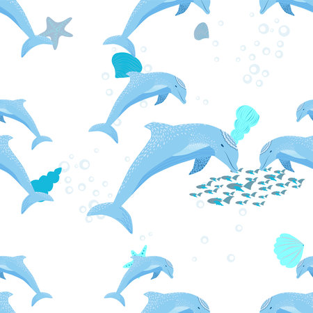 Dolphin, sea inhabitants seamless pattern, beautiful character among seashells, algae, starfish, marine wildlife.のイラスト素材