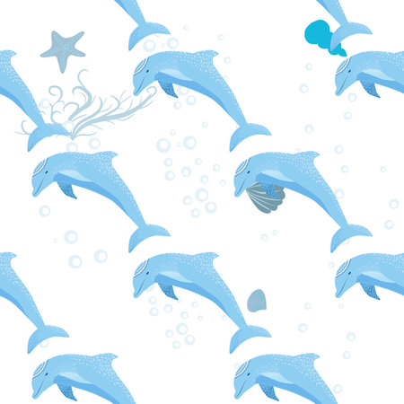 Dolphin, sea inhabitants seamless pattern, beautiful character among seashells, algae, starfish, marine wildlife.のイラスト素材