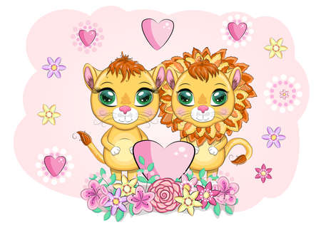 baby shower invitation for boy and girl.Blue and pink chevron background with Cute cartoon lion and lioness with big eyes in a bright style of childrenのイラスト素材