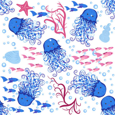 Jellyfish animals bright seamless patterns. Seamless pattern with detailed jellyfish. cute hand drawn fishes and jellyfishes in doodle style. trendy nursery background.のイラスト素材