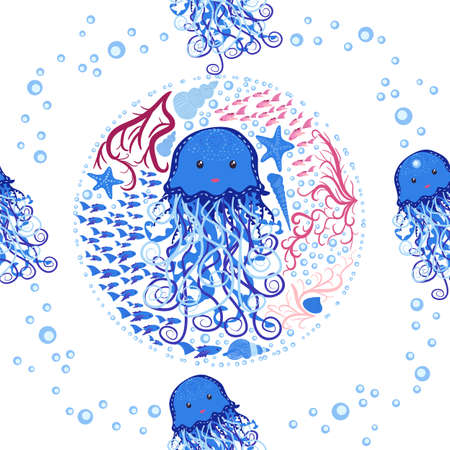 Jellyfish animals bright seamless patterns. Seamless pattern with detailed jellyfish. cute hand drawn fishes and jellyfishes in doodle style. trendy nursery background.のイラスト素材