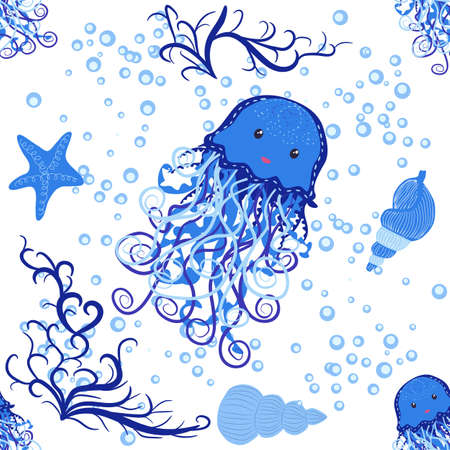 Jellyfish animals bright seamless patterns. Seamless pattern with detailed jellyfish. cute hand...