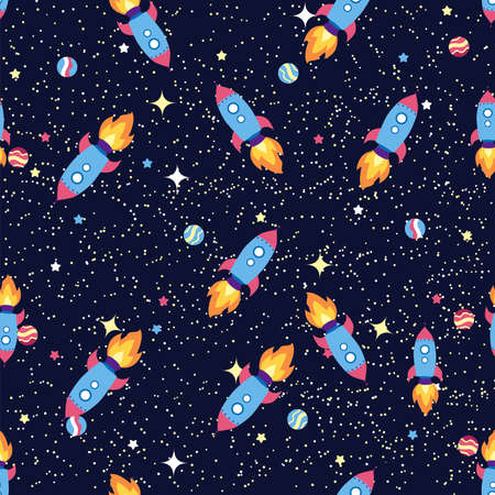 Seamless space pattern. Planets, rockets and stars. Cartoon spaceship. Childish background. Hand drawn illustration.のイラスト素材