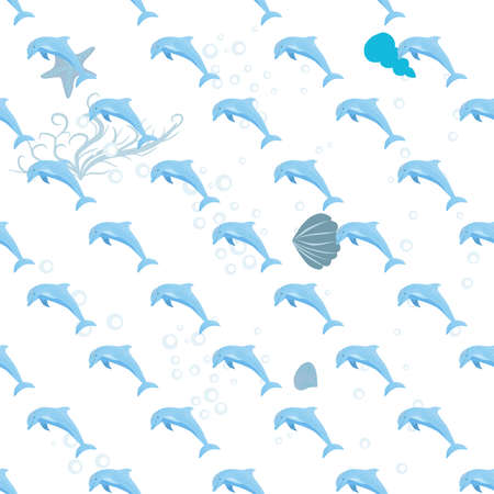 Dolphin, sea inhabitants seamless pattern, beautiful character among seashells, algae, starfish, marine wildlife.のイラスト素材