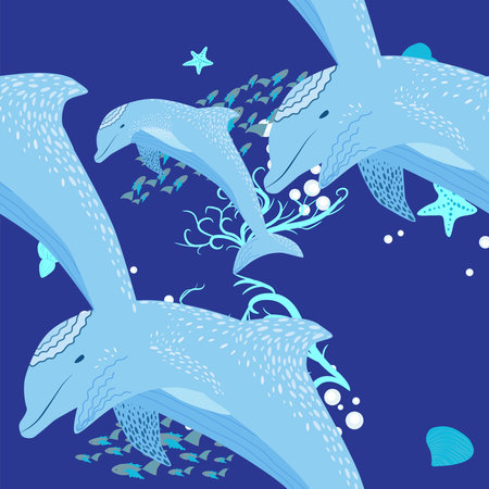 Dolphin, sea inhabitants seamless pattern, beautiful character among seashells, algae, starfish, marine wildlife.のイラスト素材