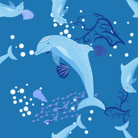 Dolphin, sea inhabitants seamless pattern, beautiful character among seashells, algae, starfish, marine wildlife.のイラスト素材