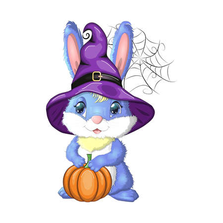 Cute Bunny in witch hat with pumpkin, broom, potion. Happy Halloween festival concept. Year 2023 hare mascot character.のイラスト素材