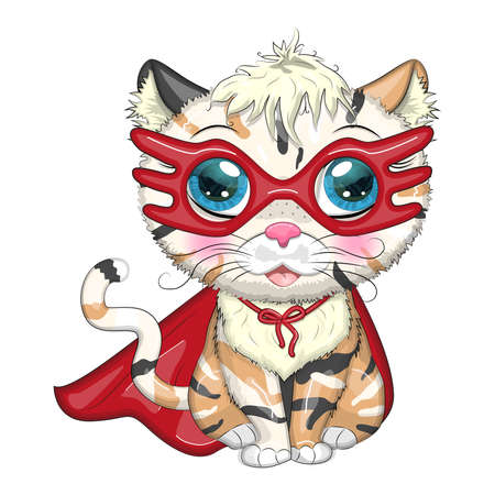 Cartoon cat superhero in a red cloak and mask. Cute child character, symbol of 2023 new chinese year.のイラスト素材