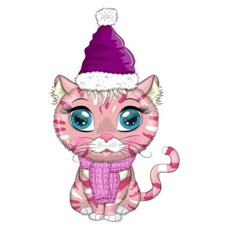 Cute cartoon cat wearing santa hat and scarf. Winter 2023, Christmas and Chinese New Yearのイラスト素材