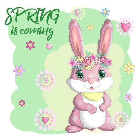 Cartoon rabbit hare with flowers. Cute childish character, Easter, spring, symbol of 2023 Chinese New Year.のイラスト素材