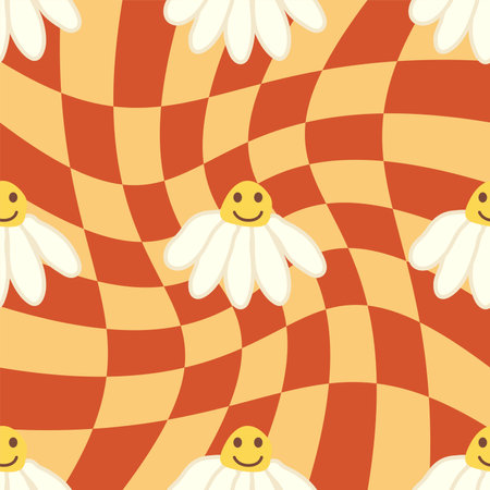 Retro Smile Chamomile Seamless Pattern on 1970 Wavy Swirl Seamless Pattern. Hippie Aesthetic. floral wallpaperのイラスト素材