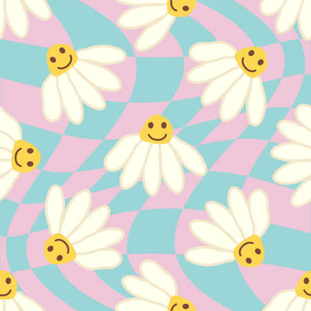 Retro Smile Chamomile Seamless Pattern on 1970 Wavy Swirl Seamless Pattern. Hippie Aesthetic. floral wallpaperのイラスト素材