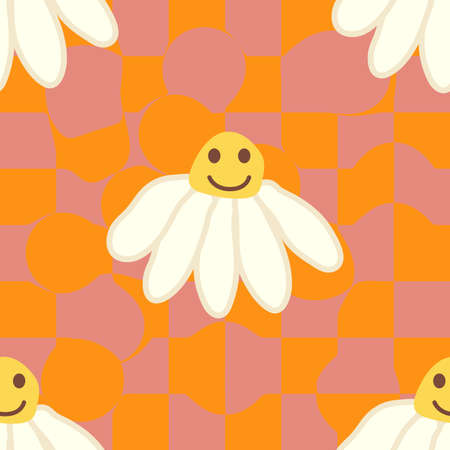Retro Smile Chamomile Seamless Pattern on 1970 Wavy Swirl Seamless Pattern. Hippie Aesthetic. floral wallpaperのイラスト素材