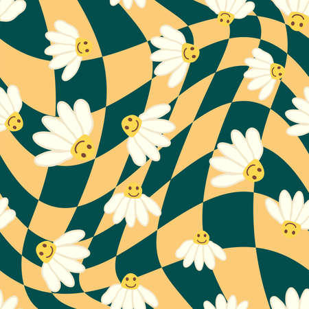 Retro Smile Chamomile Seamless Pattern on 1970 Wavy Swirl Seamless Pattern. Hippie Aesthetic. floral wallpaperのイラスト素材