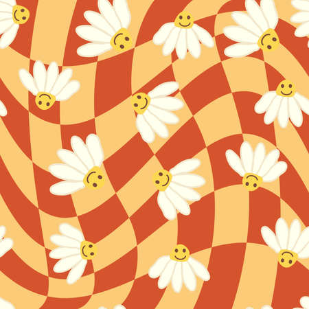 Retro Smile Chamomile Seamless Pattern on 1970 Wavy Swirl Seamless Pattern. Hippie Aesthetic. floral wallpaperのイラスト素材
