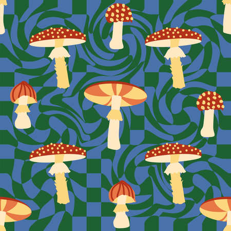 Magic psychedelic drug mushrooms seamless pattern. Psychedelic hallucinations. 60-70s hippie colorful art. Vintage psychedelic textile, fabric, wrapping, wallpaper.のイラスト素材