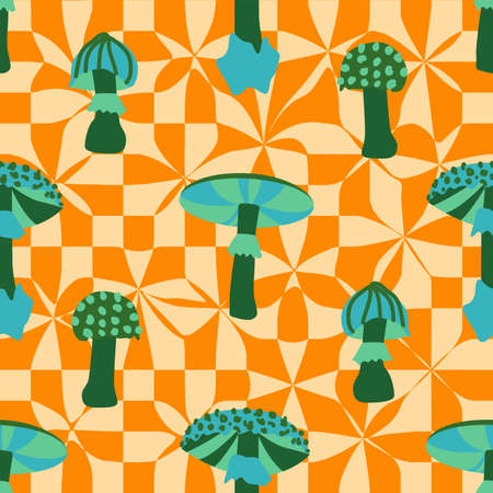 Magic psychedelic drug mushrooms seamless pattern. Psychedelic hallucinations. 60-70s hippie colorful art. Vintage psychedelic textile, fabric, wrapping, wallpaper.のイラスト素材