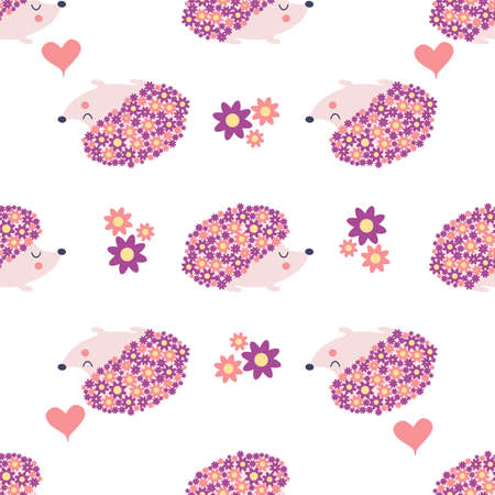 Flower hedgehog, flowers instead of needles. seamless childish floral pattern with flowers and cute hedgehogsのイラスト素材