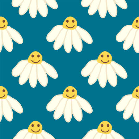 Chamomile smile 1970 pattern. Groovy daisy retro seamless pattern. hippie aestheticのイラスト素材