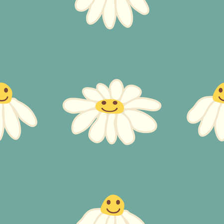 Chamomile smile 1970 pattern. Groovy daisy retro seamless pattern. hippie aestheticのイラスト素材