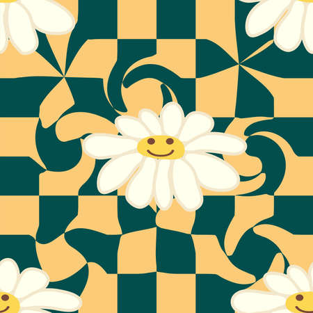 Retro Smile Chamomile Seamless Pattern on 1970 Wavy Swirl Seamless Pattern. Hippie Aesthetic. floral wallpaperのイラスト素材