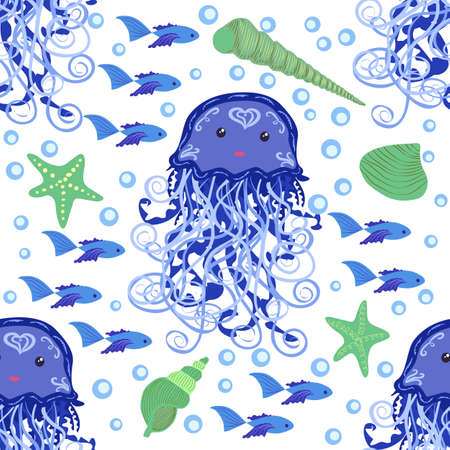 Jellyfish animals bright seamless patterns. Seamless pattern with detailed jellyfish. cute hand...