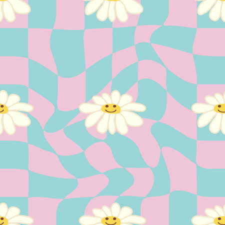 Retro Smile Chamomile Seamless Pattern on 1970 Wavy Swirl Seamless Pattern. Hippie Aesthetic. floral wallpaperのイラスト素材