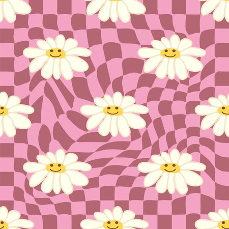 Retro Smile Chamomile Seamless Pattern on 1970 Wavy Swirl Seamless Pattern. Hippie Aesthetic. floral wallpaperのイラスト素材