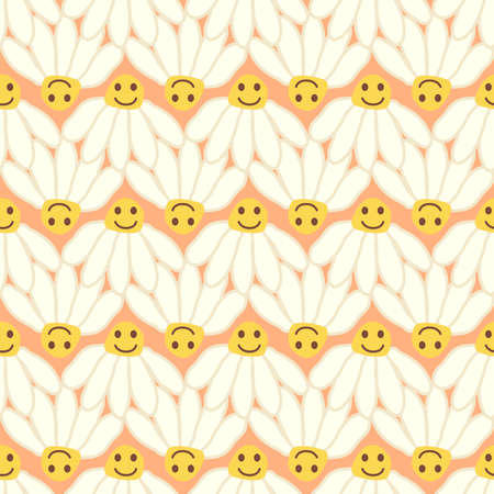 Chamomile smile 1970 pattern. Groovy daisy retro seamless pattern. hippie aestheticのイラスト素材
