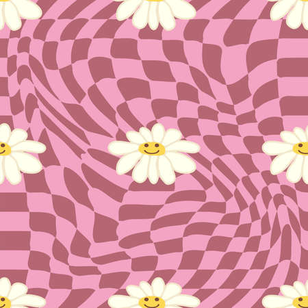 Retro Smile Chamomile Seamless Pattern on 1970 Wavy Swirl Seamless Pattern. Hippie Aesthetic. floral wallpaperのイラスト素材